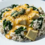 cheesy spinach and artichoke rice bake - featured image