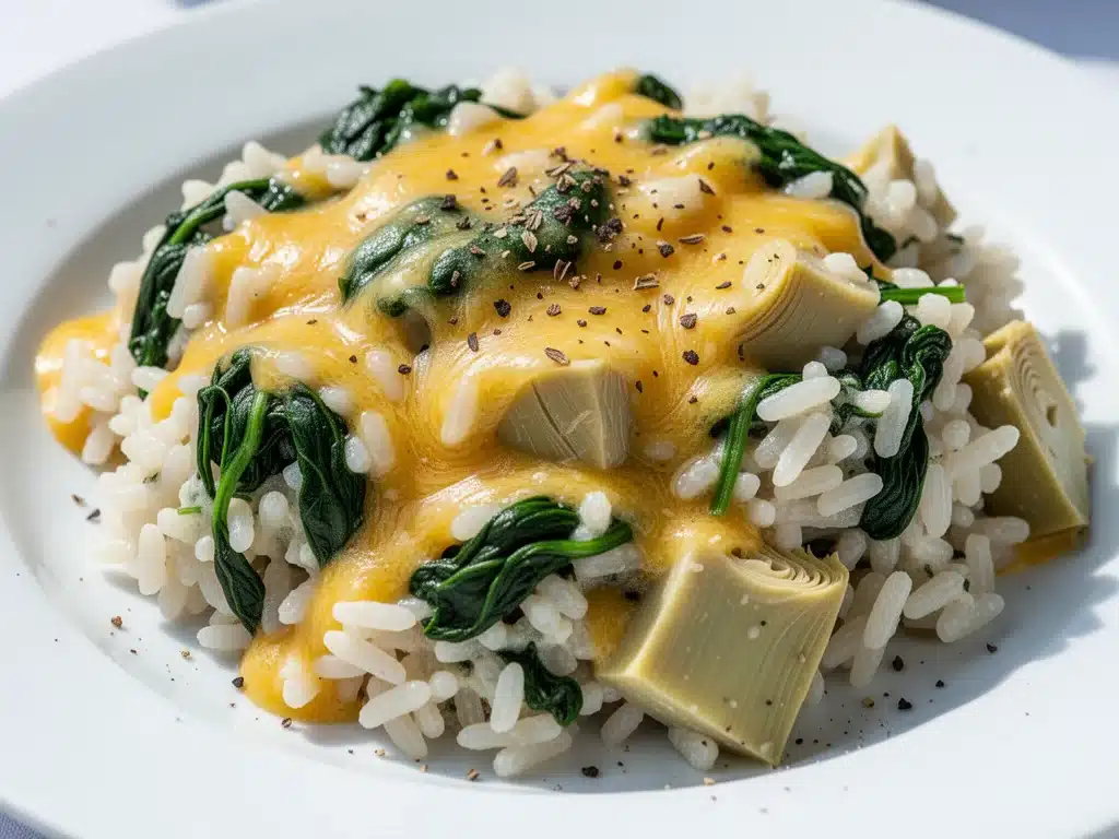 cheesy spinach and artichoke rice bake - featured image