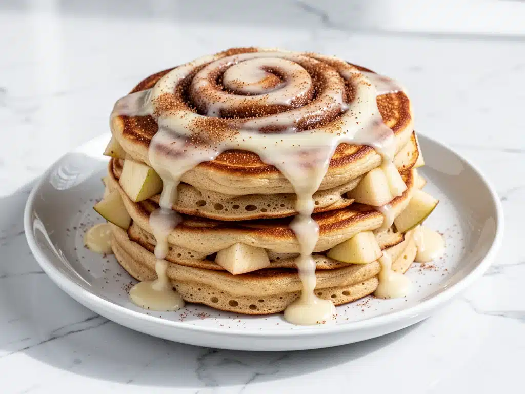 fluffy cinnamon roll pancakes with cream cheese frosting - featured image