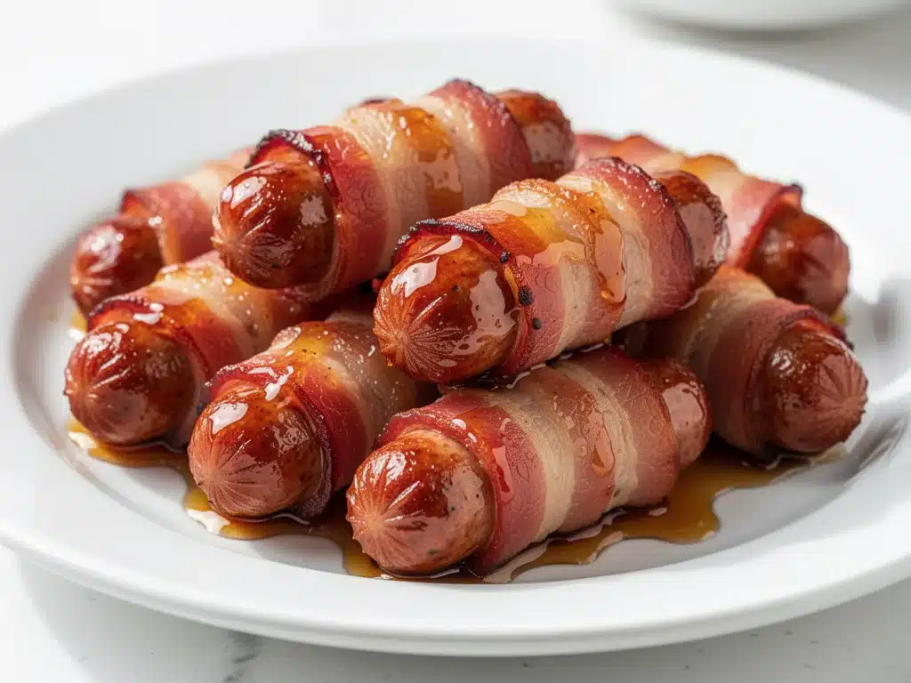 Game Day Bacon Wrapped Cocktail Sausages with Maple Glaze - featured image