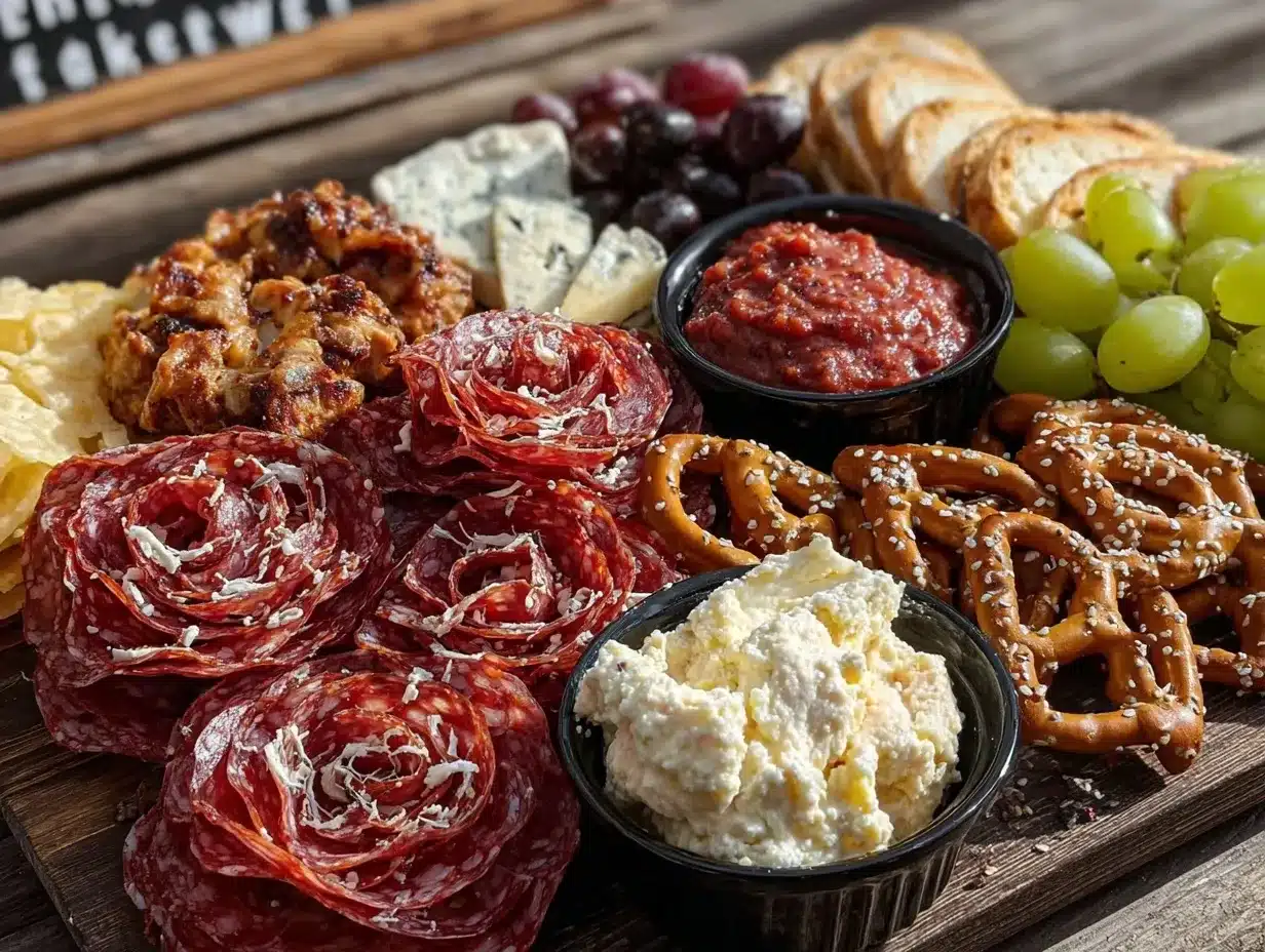 Ultimate Football Charcuterie Board: Pepperoni Roses 4 Ultimate Football Charcuterie Board with Pepperoni Roses preparation steps